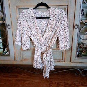 cream floral wrap top with tie